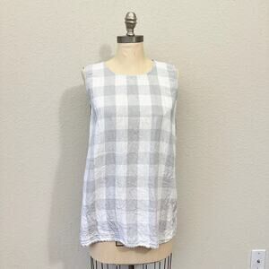 J. JILL Love Linen Tunic Top Gray Check Sleeveless Button Back Western